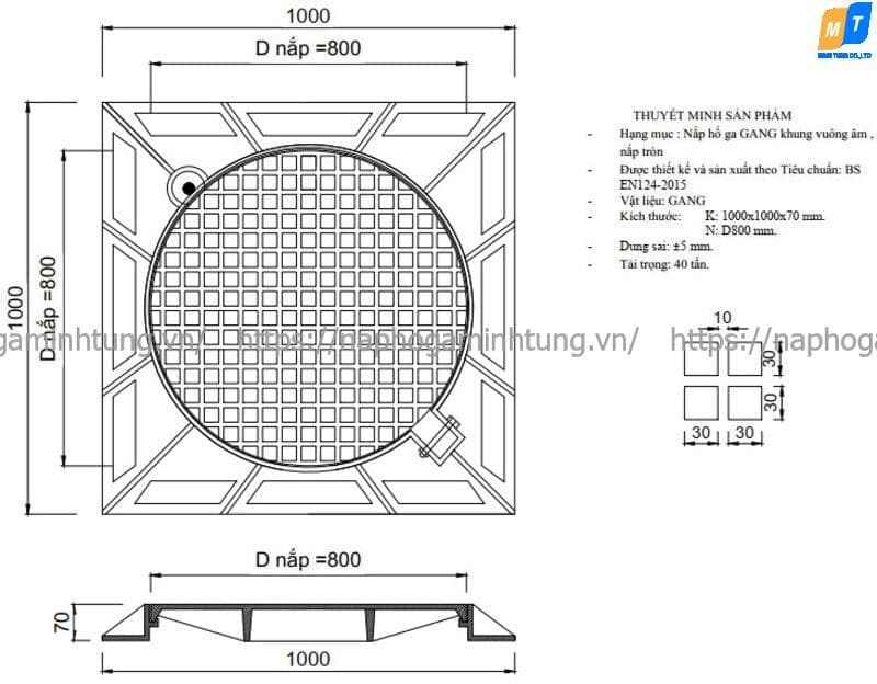 Nắp ga gang 800x800 Nắp ga gang 800x800 khung vuông âm nắp tròn
