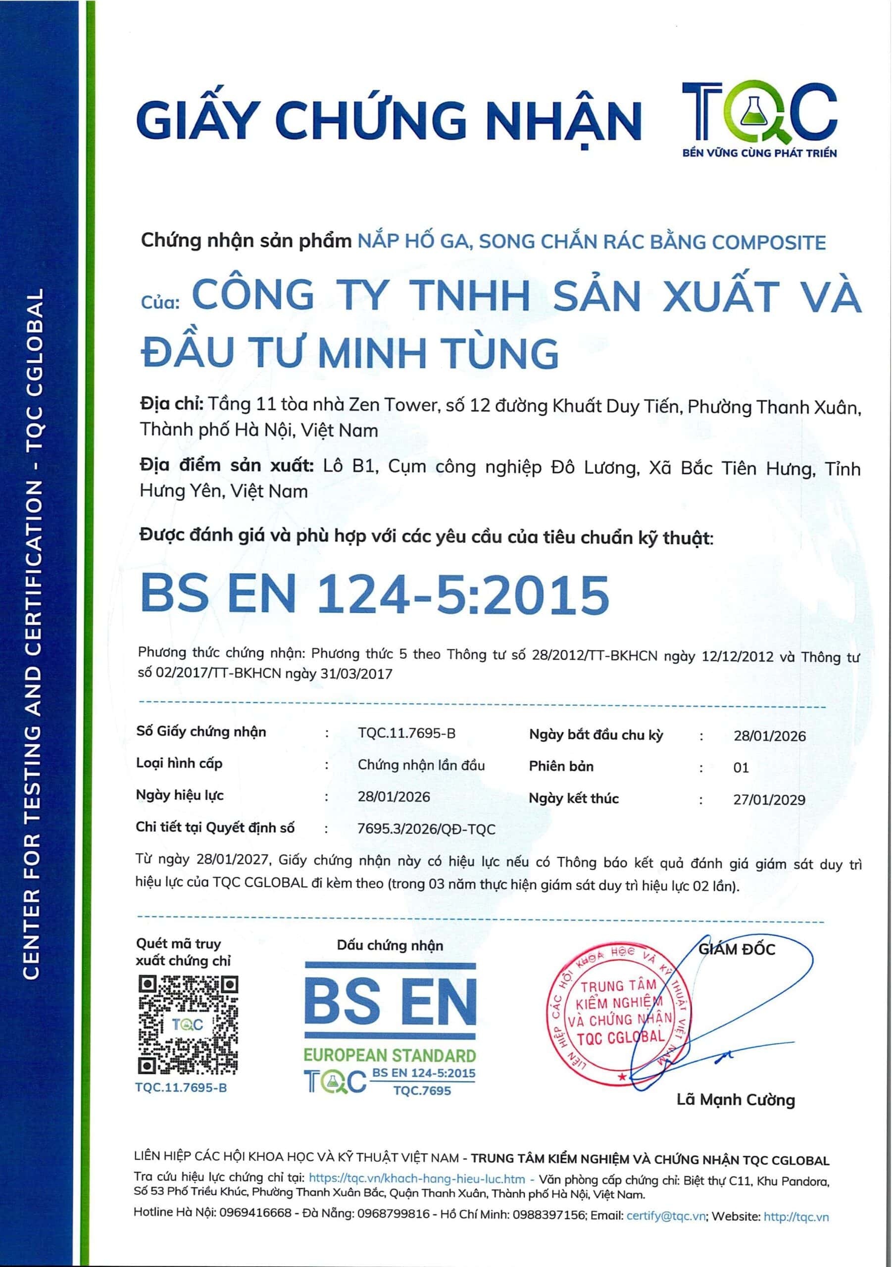 Chứng nhận BS EN 124-5:2015 của Minh Tùng