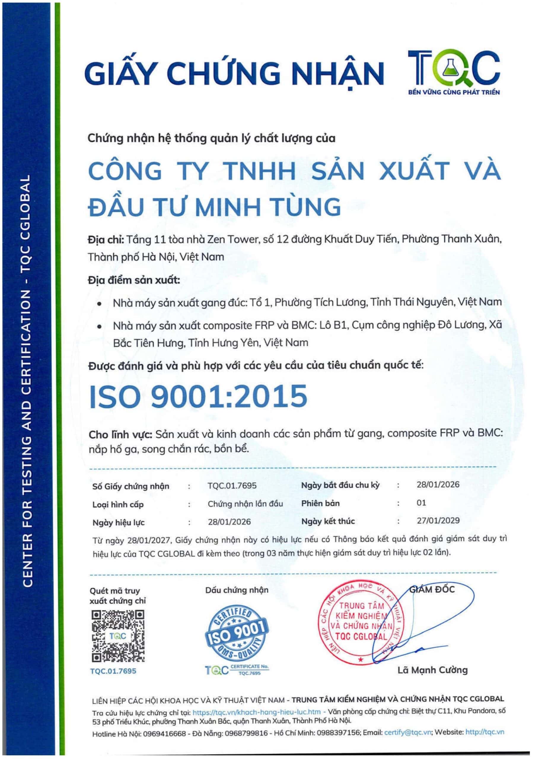 Chứng nhận ISO 9001:2015 của Minh Tùng